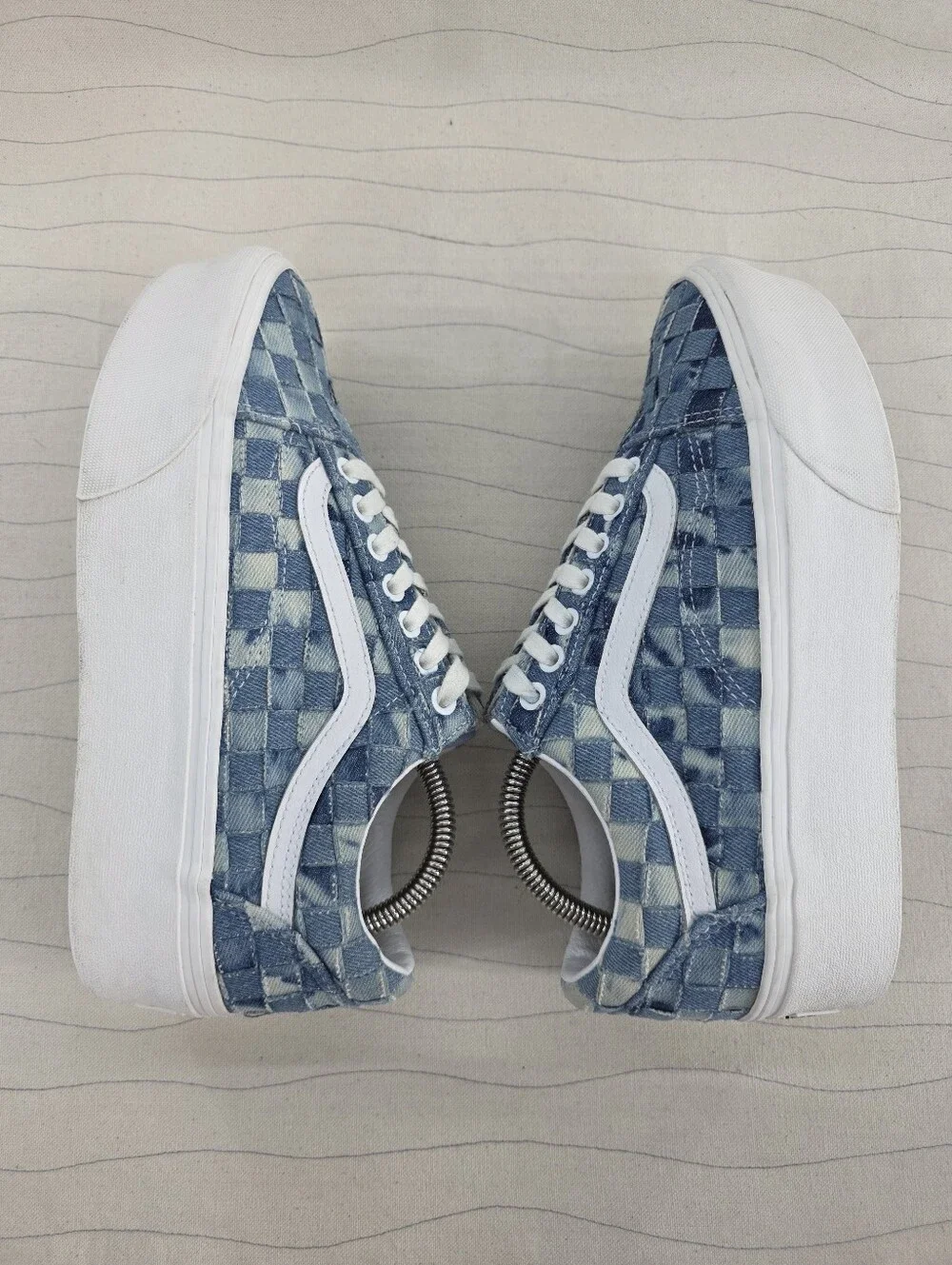 Vans Womens Old Skool Stackform Platform Blue Woven Denim Sneakers Shoes Sz 8.5